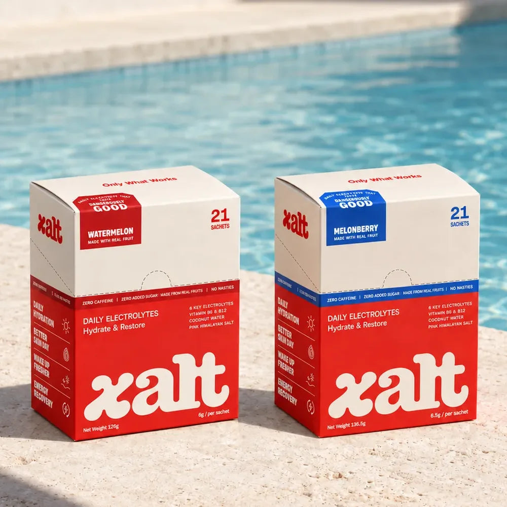 Watermelon and Melonberry XALT boxes beside a pool